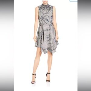 HALSTON HERITAGE Sleeveless Printed Mock-Neck Dress Stone/Steel Blue Sz 10